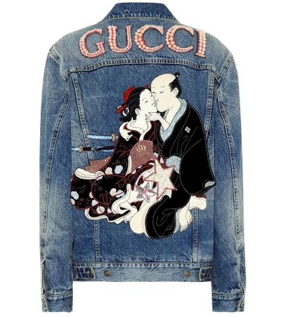 Shop Gucci Embellished Denim Jacket In Blue