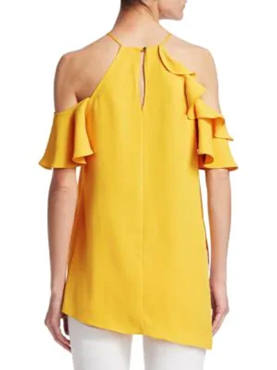 Shop Halston Heritage Cold Shoulder High Neck Asymmetrical Flounce Blouse In Marigold