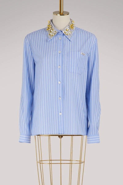 Shop Miu Miu Striped Shirt With Embroidered Collar In Light Blue