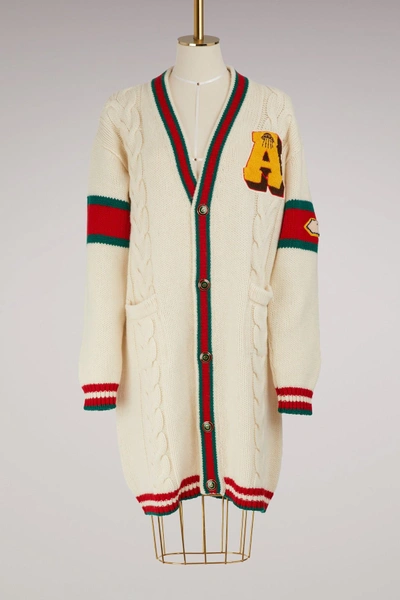 Shop Gucci Embroidered Chunky Cable Knit Cardigan In White/multi