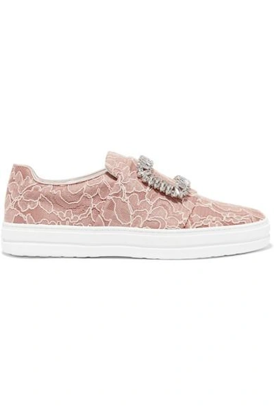 Shop Roger Vivier Sneaky Viv Crystal-embellished Lace Slip-on Sneakers In Antique Rose