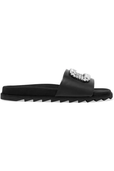 Shop Roger Vivier Slidy Viv Crystal-embellished Leather Slides In Black