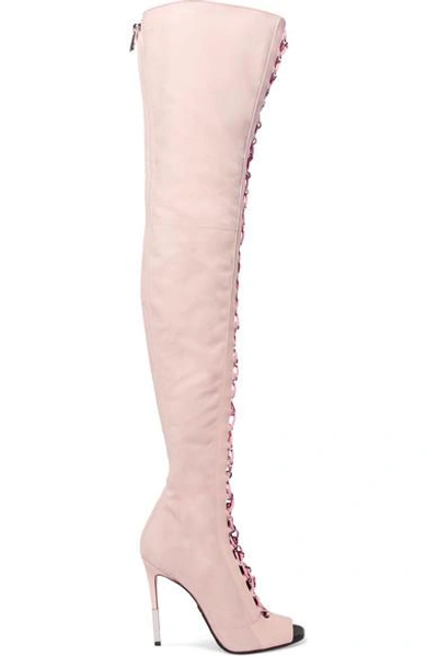 Shop Balmain Campbel Leather-trimmed Suede Thigh Boots In Baby Pink