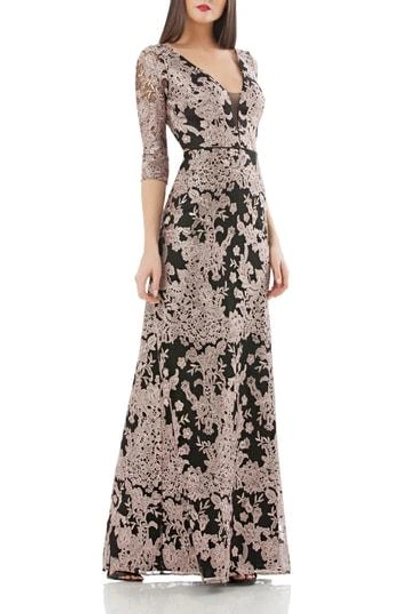 Shop Js Collections Embroidered Lace Gown In Navy/ Ivory