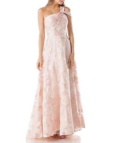 Shop Carmen Marc Valvo Infusion Burnout One-shoulder Ball Gown In Blush/gold