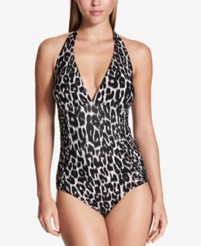 Shop Calvin Klein Jaguar Print Side-pleated Halter One-piece Swimsuit, Created For Macy's Style Women's Swimsuit