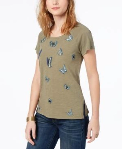 Shop Lucky Brand Cotton Embroidered Butterfly T-shirt In Dark Olive