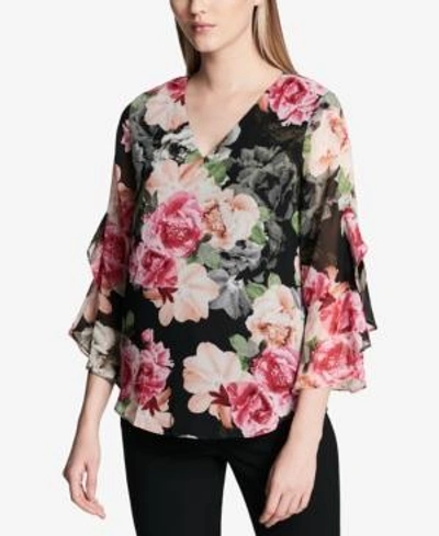 Shop Calvin Klein V-neck Ruffle-sleeve Top In Black Floral