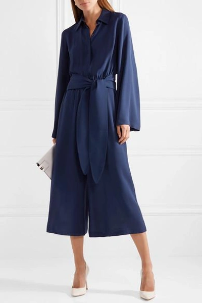 Shop Michael Kors Cropped Silk-georgette Jumpsuit In Storm Blue