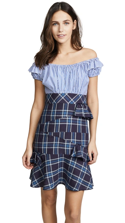 Shop Amelia Toro Ots Ruffle Dress In Stripe Blue/plaid Blue