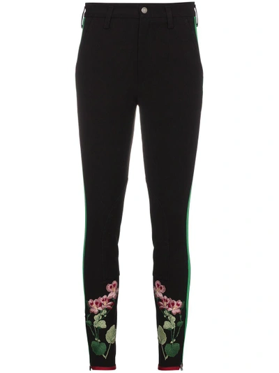 Shop Gucci Striped Cotton Leggings With Floral Embroidery