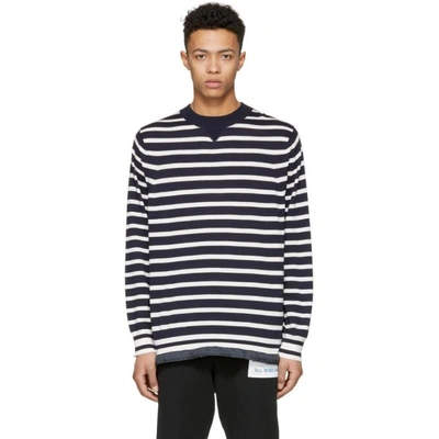 Shop Sacai Navy & White Striped Drawstring Sweater