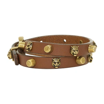 Shop Gucci Brown Feline Head Double-wrap Bracelet In 8065 Brown