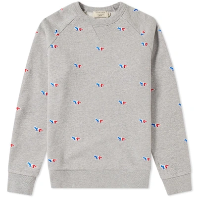 Shop Maison Kitsuné All-over Tricolour Fox Embroidery Crew Sweat In Grey