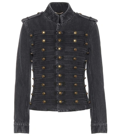 Shop Saint Laurent Embellished Denim Jacket In Black