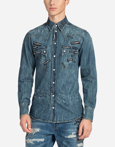Shop Dolce & Gabbana Denim Shirt With Patches In Blue