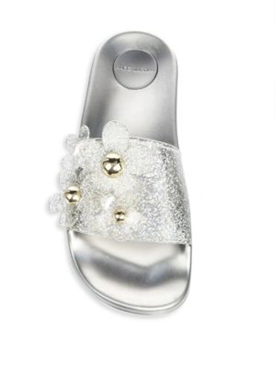 Shop Marc Jacobs Daisy Embellished Metallic Glitter Slides In Silver