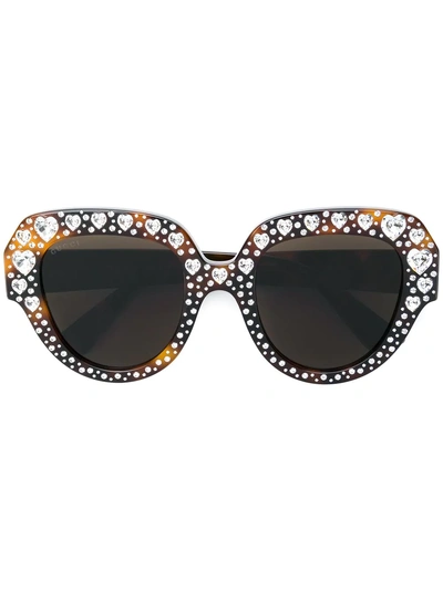 Shop Gucci Eyewear Heart Embellished Sunglasses - Brown