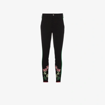 Shop Gucci Striped Cotton Leggings With Floral Embroidery In Black