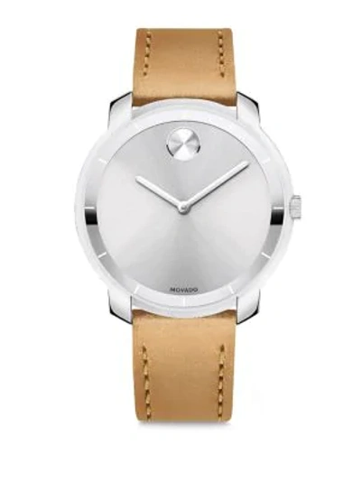Shop Movado Mid-size  Bold Crystal Leather-strap Watch In Beige Silver
