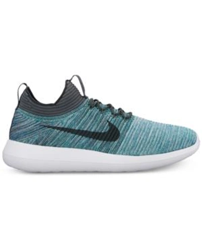 Shop Nike Men's Roshe Two Flyknit V2 Casual Sneakers From Finish Line In Green Abyss/mica Blue-wol