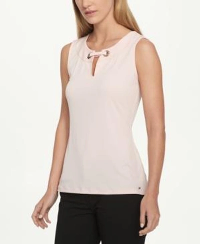 Shop Tommy Hilfiger Embellished Split-neck Top In Ballerina Pink