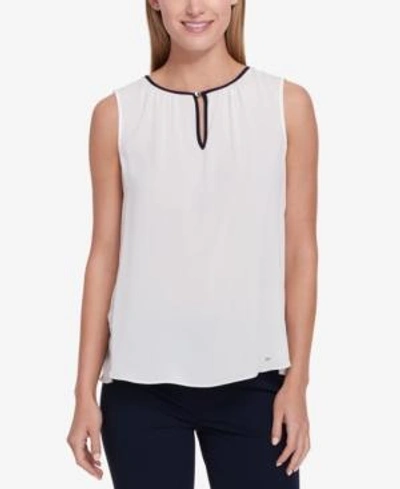 Shop Tommy Hilfiger Ruffled Keyhole Top In Ivory/midnight