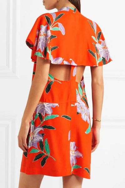 Shop Diane Von Furstenberg Cape-effect Cutout Floral-print Twill Mini Dress In Papaya