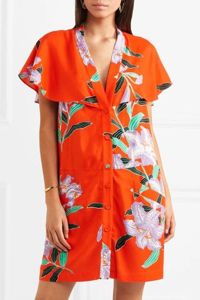 Shop Diane Von Furstenberg Cape-effect Cutout Floral-print Twill Mini Dress In Papaya