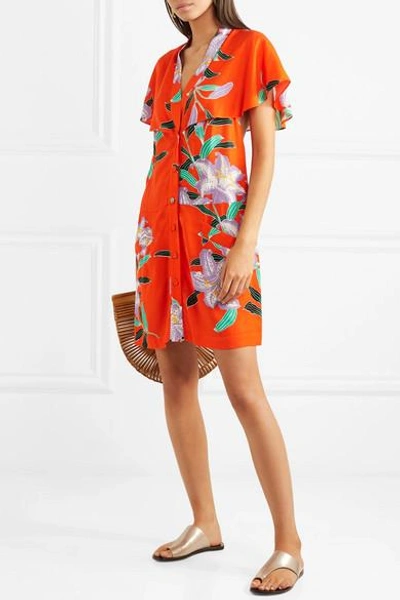 Shop Diane Von Furstenberg Cape-effect Cutout Floral-print Twill Mini Dress In Papaya