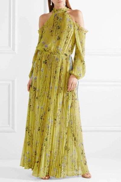 Shop Self-portrait Cold-shoulder Printed Pleated Chiffon Maxi Dress In Large