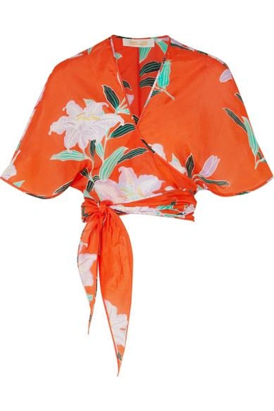 Shop Diane Von Furstenberg Floral-print Cotton And Silk-blend Gauze Wrap Top In Tomato Red