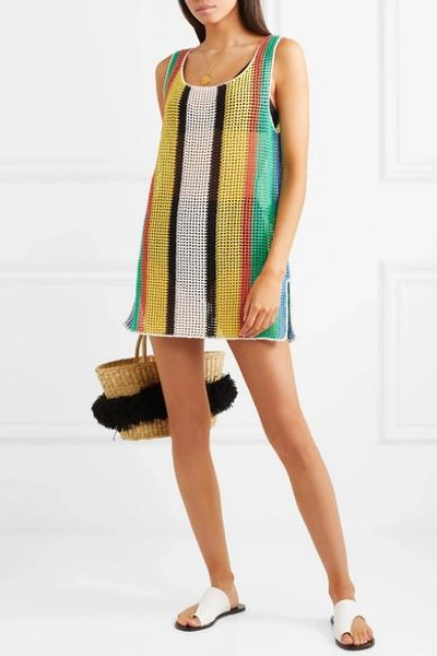 Shop Diane Von Furstenberg Striped Crochet-knit Cotton Mini Dress In Yellow