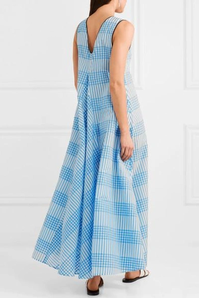 Shop Ganni Charron Checked Cotton-blend Seersucker Maxi Dress In Blue