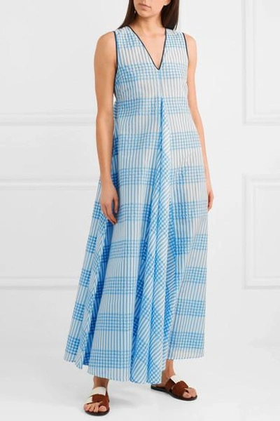 Shop Ganni Charron Checked Cotton-blend Seersucker Maxi Dress In Blue
