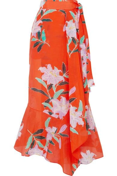Shop Diane Von Furstenberg Floral-print Cotton And Silk-blend Gauze Wrap Maxi Skirt In Tomato Red
