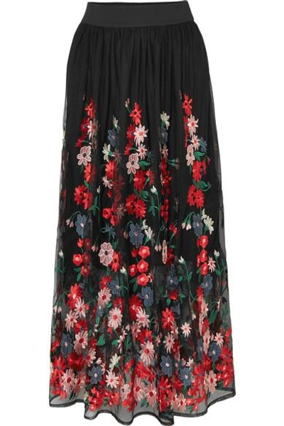 Maje Jamie Floral-embroidered Tulle Midi Skirt In Black | ModeSens
