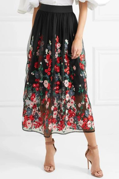 Shop Maje Jamie Embroidered Tulle Midi Skirt In Black