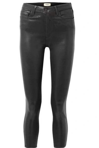 Shop L Agence Margot Cropped Coated High-rise Skinny Jeans In Black