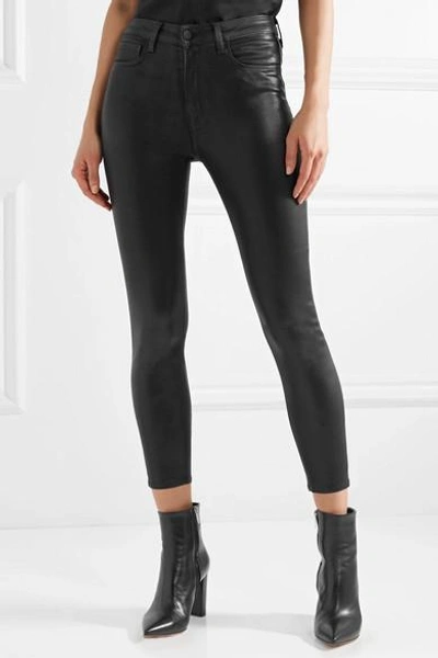 Shop L Agence Margot Cropped Coated High-rise Skinny Jeans In Black