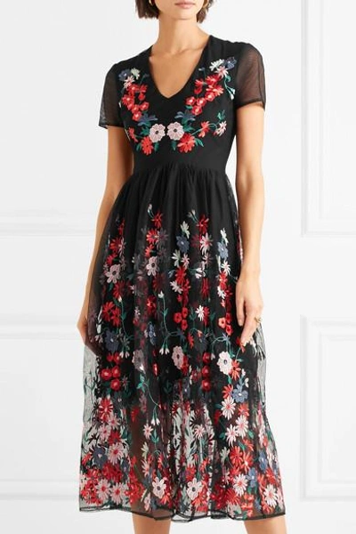 Shop Maje Raphael Embroidered Tulle Midi Dress In Black