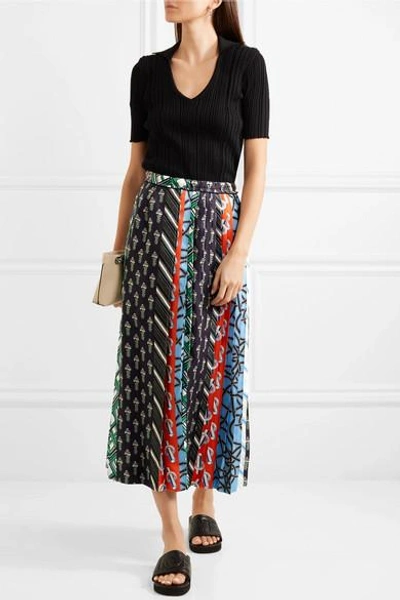 Shop Carven Pleated Printed Silk-twill Midi Skirt