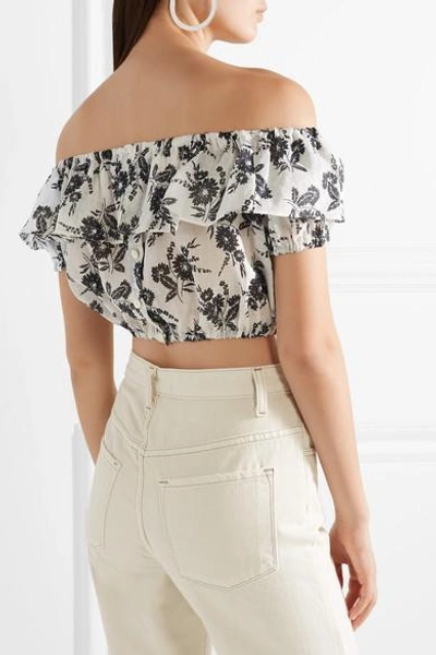 Shop Miu Miu Cropped Off-the-shoulder Floral-print Ramie Top In White