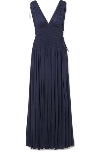 Shop Alaïa Ruched Jersey Gown In Midnight Blue