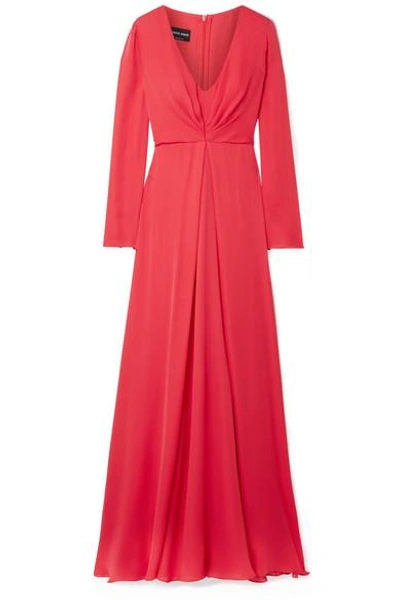 Shop Giorgio Armani Gathered Silk-georgette Gown In Red