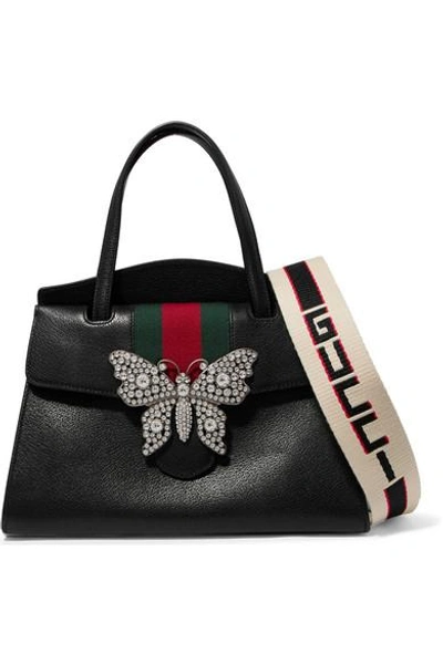 Shop Gucci Totem Crystal-embellished Textured-leather Tote In Black