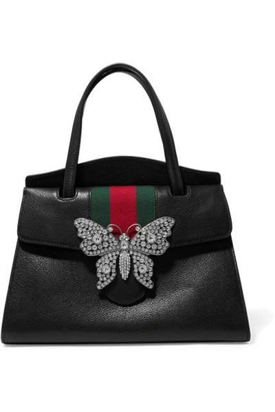Shop Gucci Totem Crystal-embellished Textured-leather Tote In Black