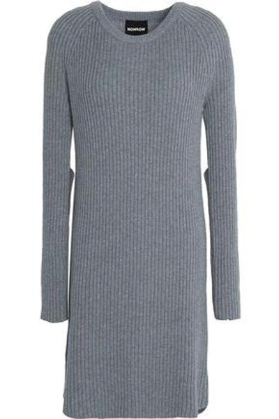 Shop Monrow Woman Cutout Ribbed Wool And Cotton-blend Mini Dress Gray