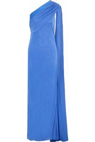 Shop Versace Woman One-shoulder Satin-trimmed Draped Cady Gown Azure