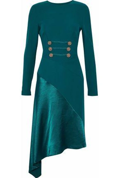 Shop Versace Woman Asymmetric Satin-paneled Cutout Button-embellished Silk Dress Petrol
